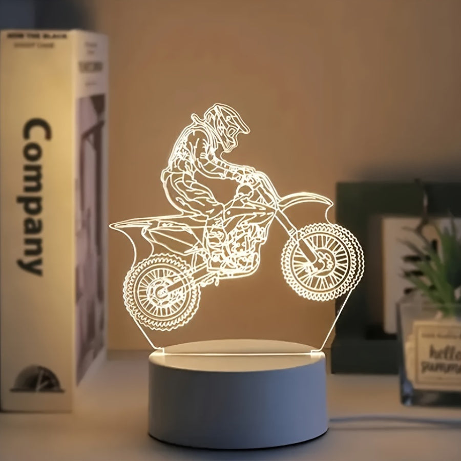 Geometric sports-themed LED night light for motocross enthusiasts with energy-efficient USB power supply for multiple settings.