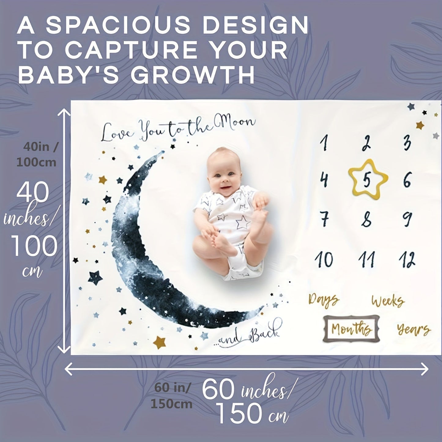 Moon-inspired milestone blanket for boys, perfect for capturing their first year growth progress. Measures 152.4cm x 101.6cm, made of machine washable polyester. Keep track of monthly milestones with this unique calendar design.