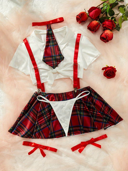 Women's sexy college role-playing costume set includes short skirt, thong, top, bow tie, and leg ring