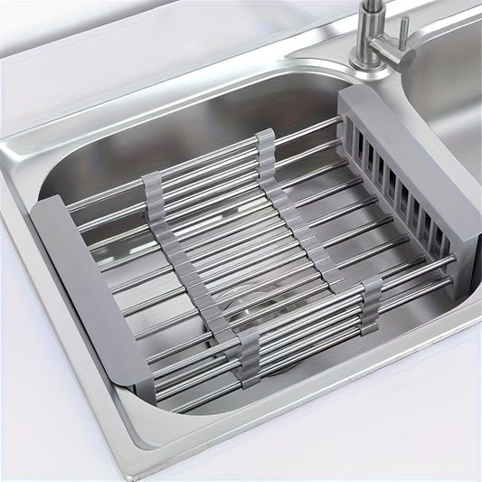 Adjustable Stainless Steel Kitchen Sink Rack with Retractable Dish Drainer, Safe for Food Use, Comes in Large and Small Sizes.