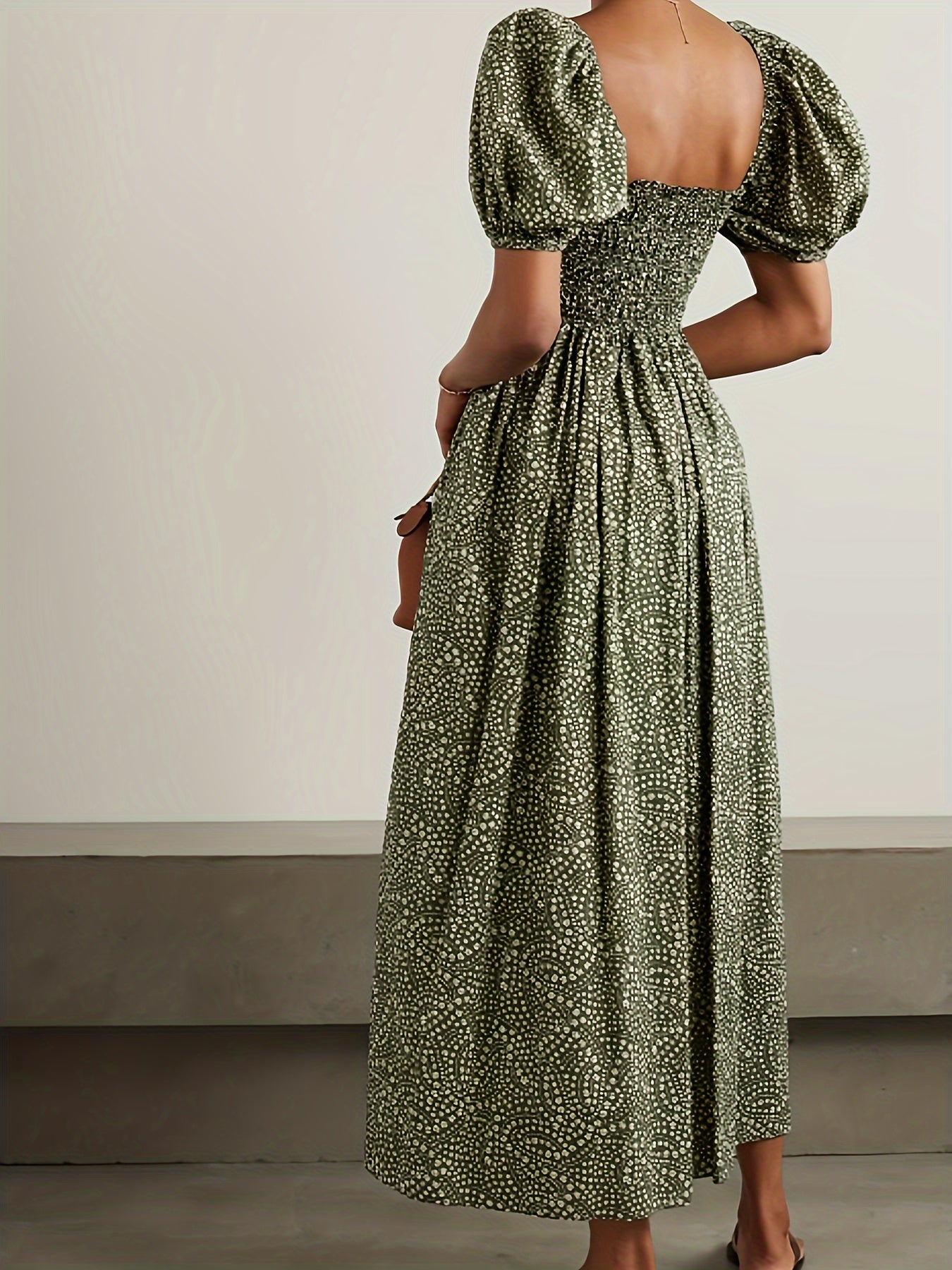 Plus size dress with parallel pleats and floral print, organic green, mid-long length.