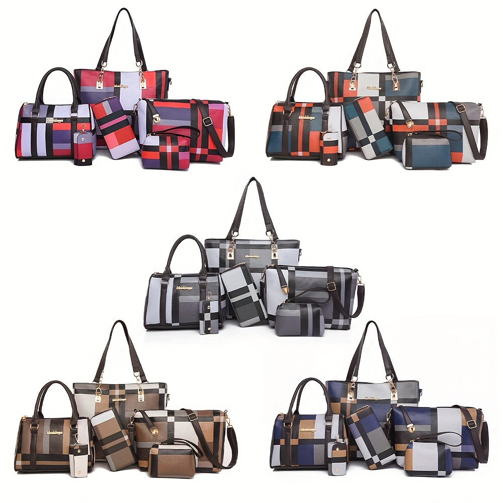 Checkered 6-piece fashion handbag set includes faux leather tote, crossbody, and shoulder bags with a simple versatile design for women.