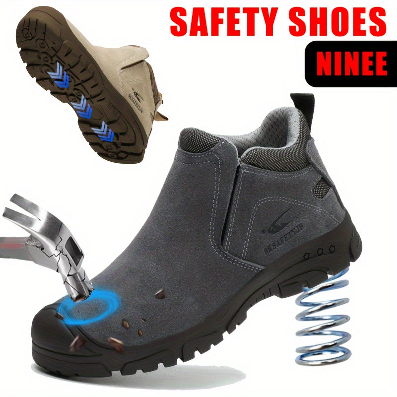 Durable steel toe safety shoes with split cow leather upper, non-slip rubber sole, and shock-absorbing features for industrial work.