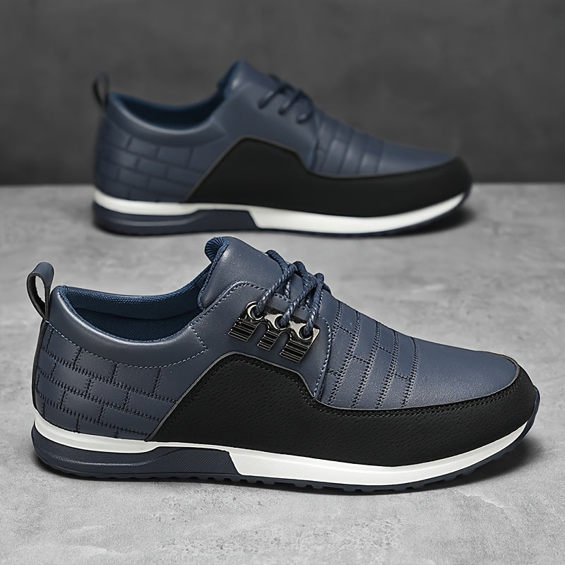 Men's casual business sneakers with a solid color faux upper, fabric lining, EVA insole, and PVC sole. Features a round toe, low-top design, and lace-up closure for daily and leisure wear.