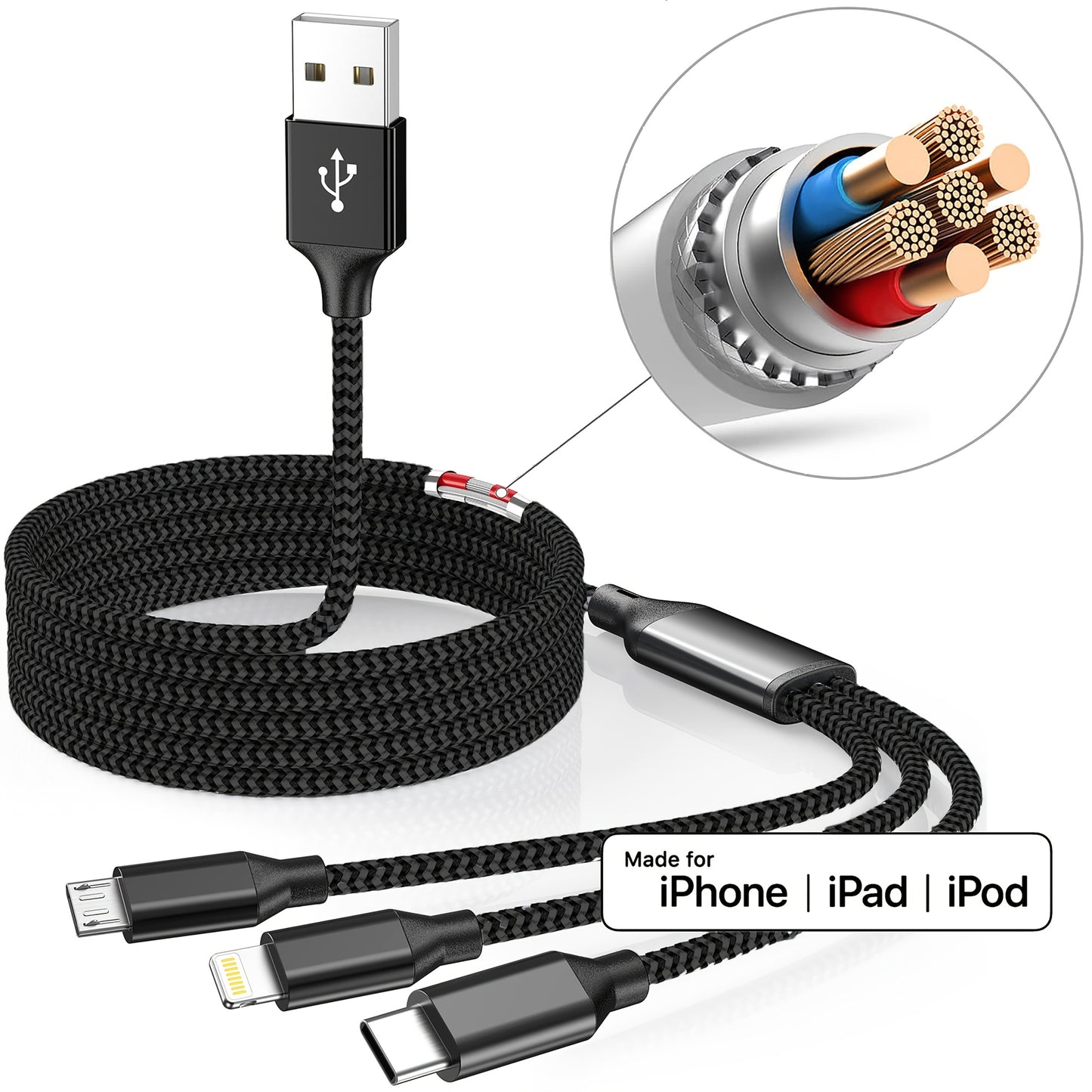 Fast charging USB cable compatible with iPhone, Samsung, Type-C, Micro USB devices and various Android smartphones.