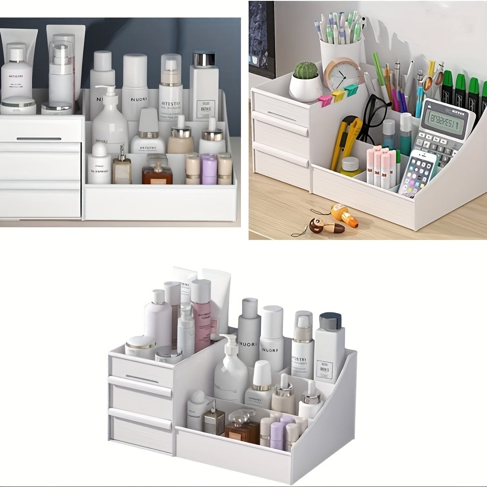 Plastic cosmetic organizer with drawers for makeup storage, lightweight and no electricity required.