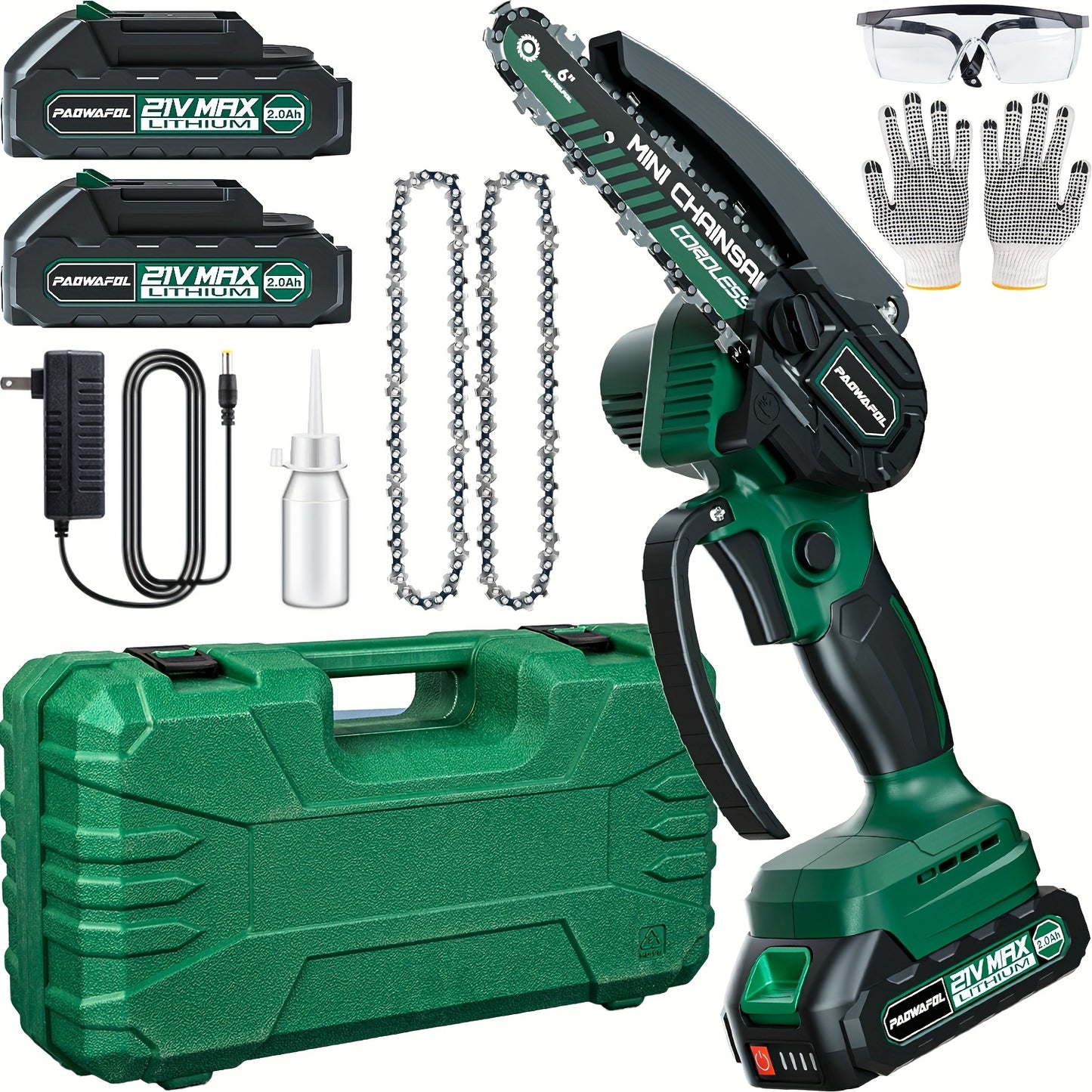 6-inch Cordless Electric Chainsaw with 2 rechargeable batteries, charger, and chainsaw batteries, ideal for cutting wood, trimming trees, and pruning garden branches.