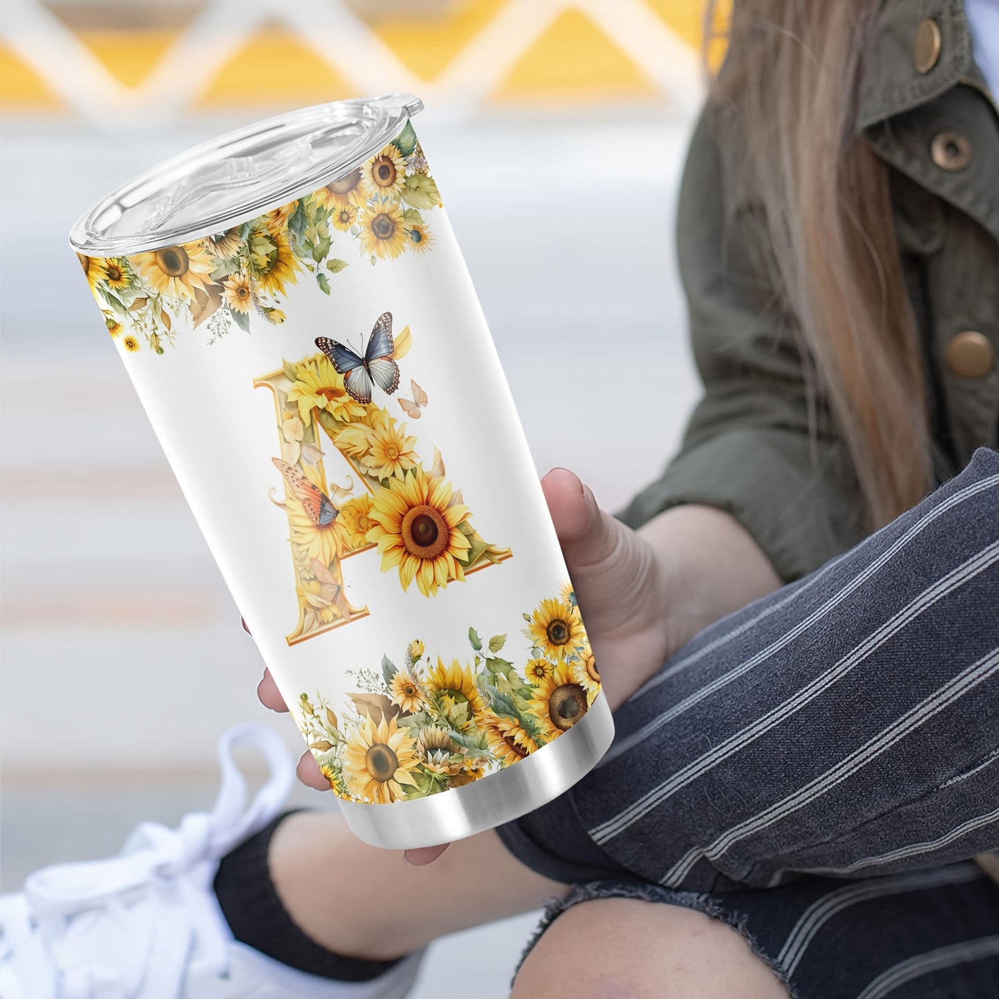 20oz Floral Initials Travel Mug - Double-Walled Tumbler for Women - Ideal Gift for Various Occasions.