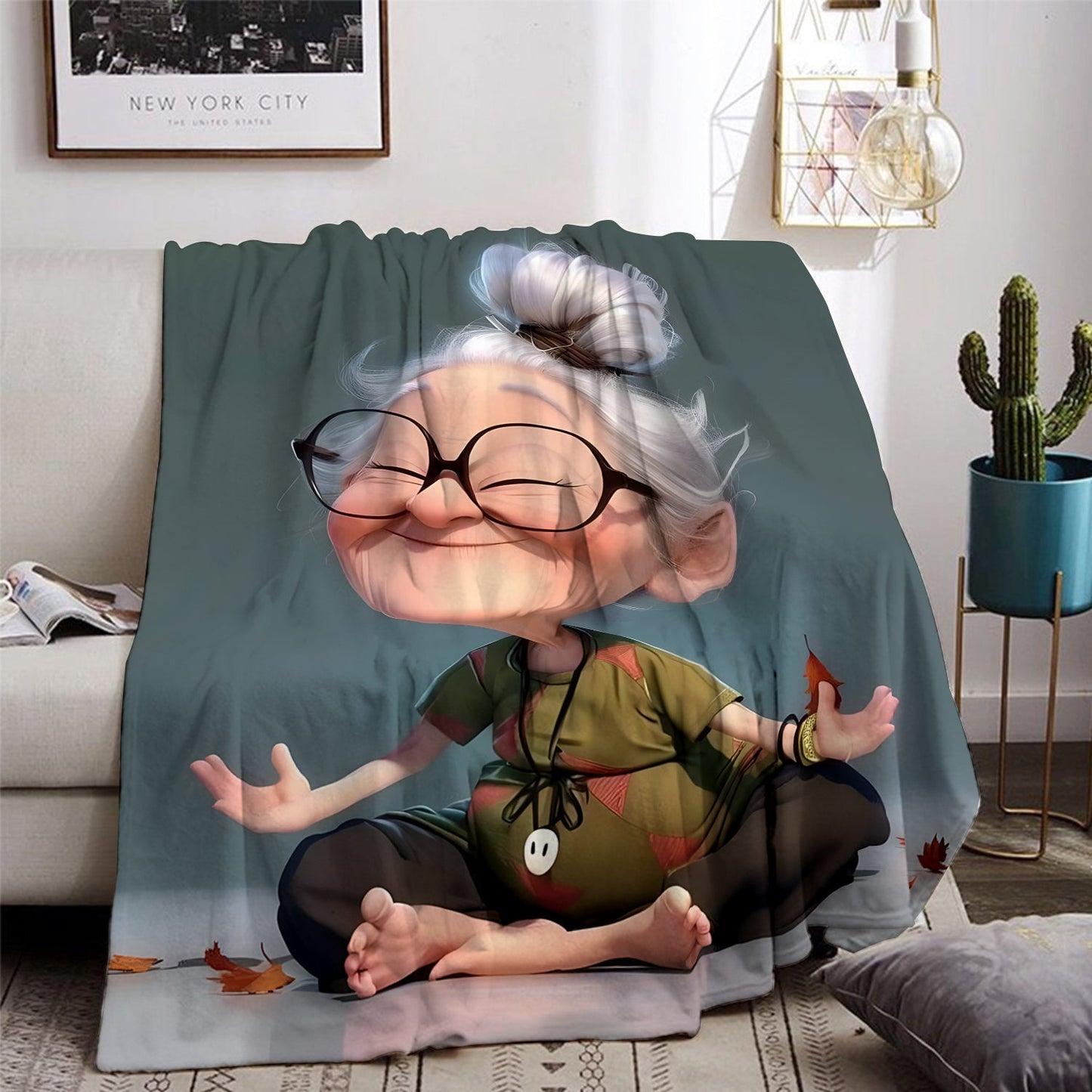 Modern Yoga Granny Throw Blanket made of Soft and Comfortable Flannel Fleece, featuring a Digital Print on Polyester material. It is a Lightweight Fabric weighing 200-250g, with All-Season Cozy Knitted Craftsmanship. Perfect for gifting to family