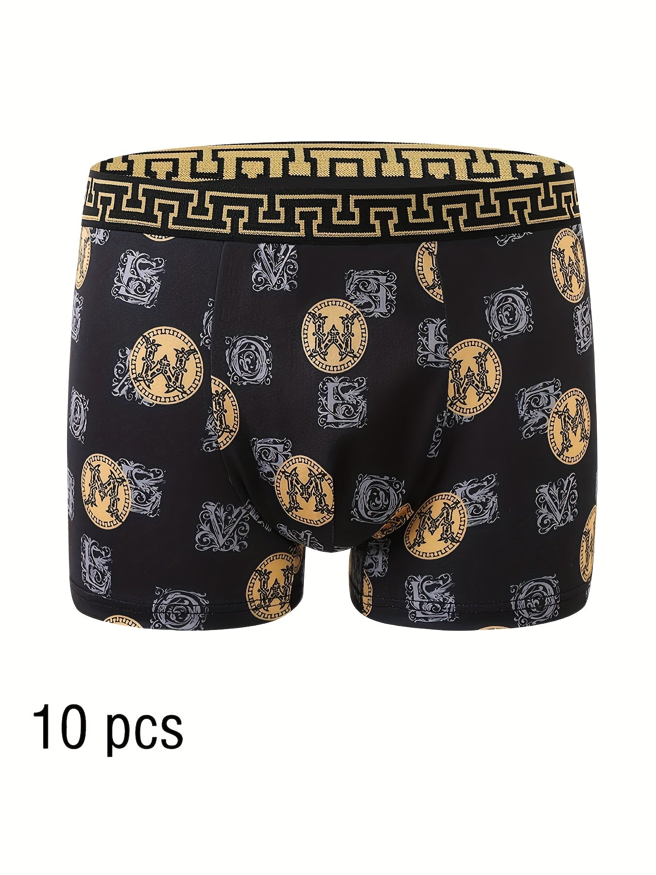 10 Men's Boxer Briefs, Black/Gold Print, High Stretch Polyester, Quick-Dry, Comfort Fit for Golf