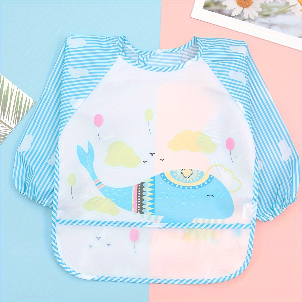 Easily cleanable reverse wear cartoon bib with waterproof long sleeves, suitable for home and travel.