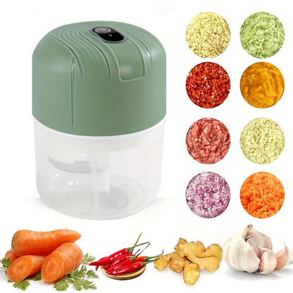 Round plastic container containing a portable multifunctional food chopper that is USB rechargeable. This versatile appliance can be used as a vegetable dicer, garlic masher, manual food processor, and electric mini kitchen appliance with a lithium