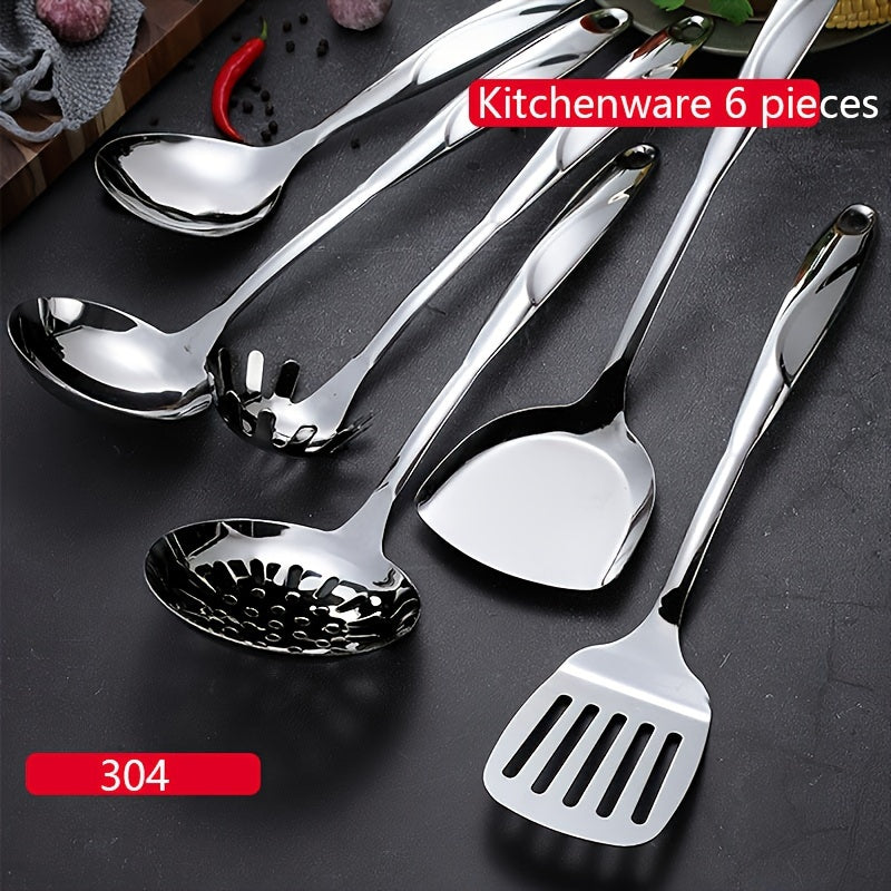 Kitchen Utensil Set made of 6 pieces of Stainless Steel - Shiny and long-lasting cooking tools such as Spatula, Ladle, Slotted, and Serving Spoons - Perfect for Non-Stick Cookware