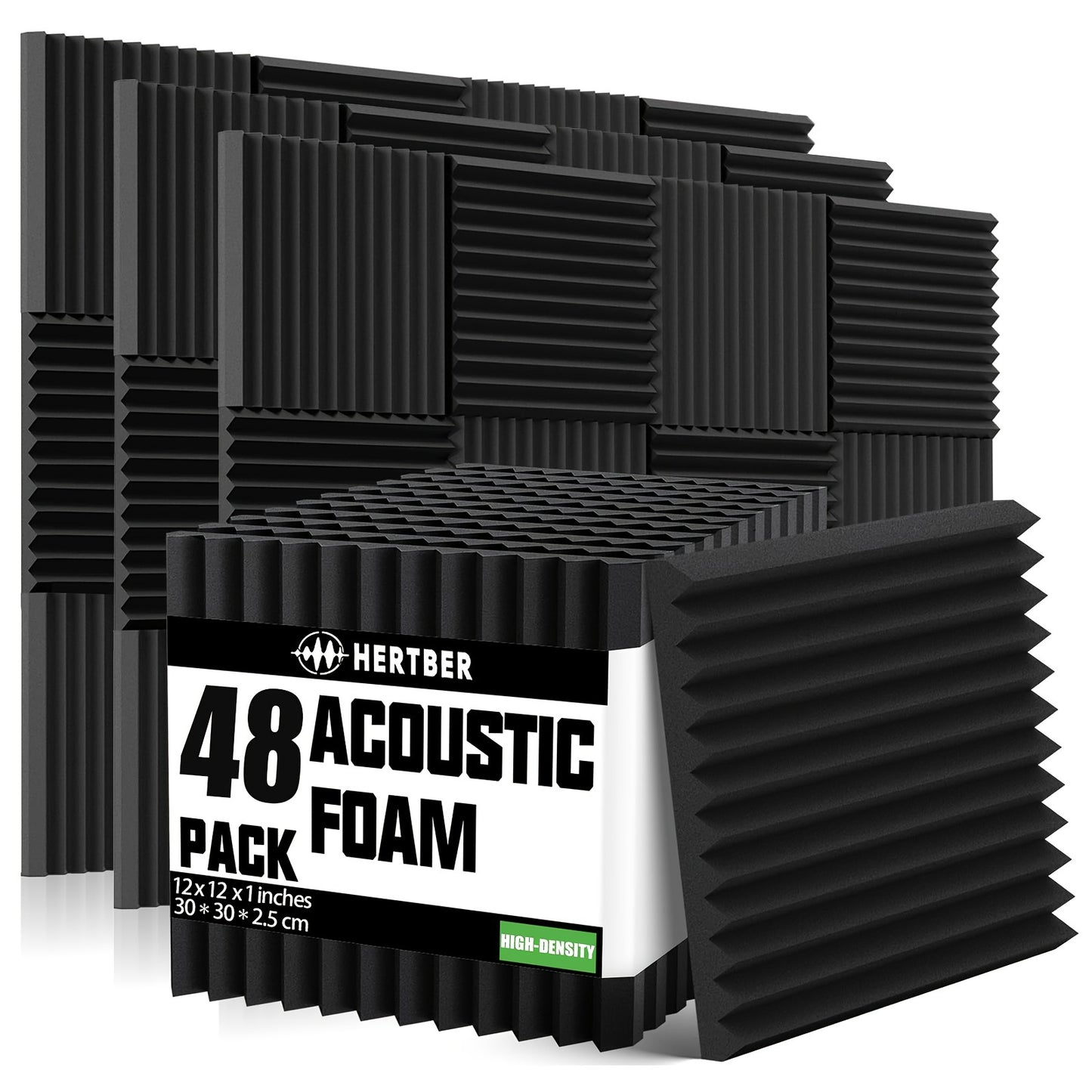 48 black soundproof wedge panels (30x30x2.5cm), upgraded flame-retardant foam boards suitable for various spaces including offices, recording studios, game rooms, and home theaters.