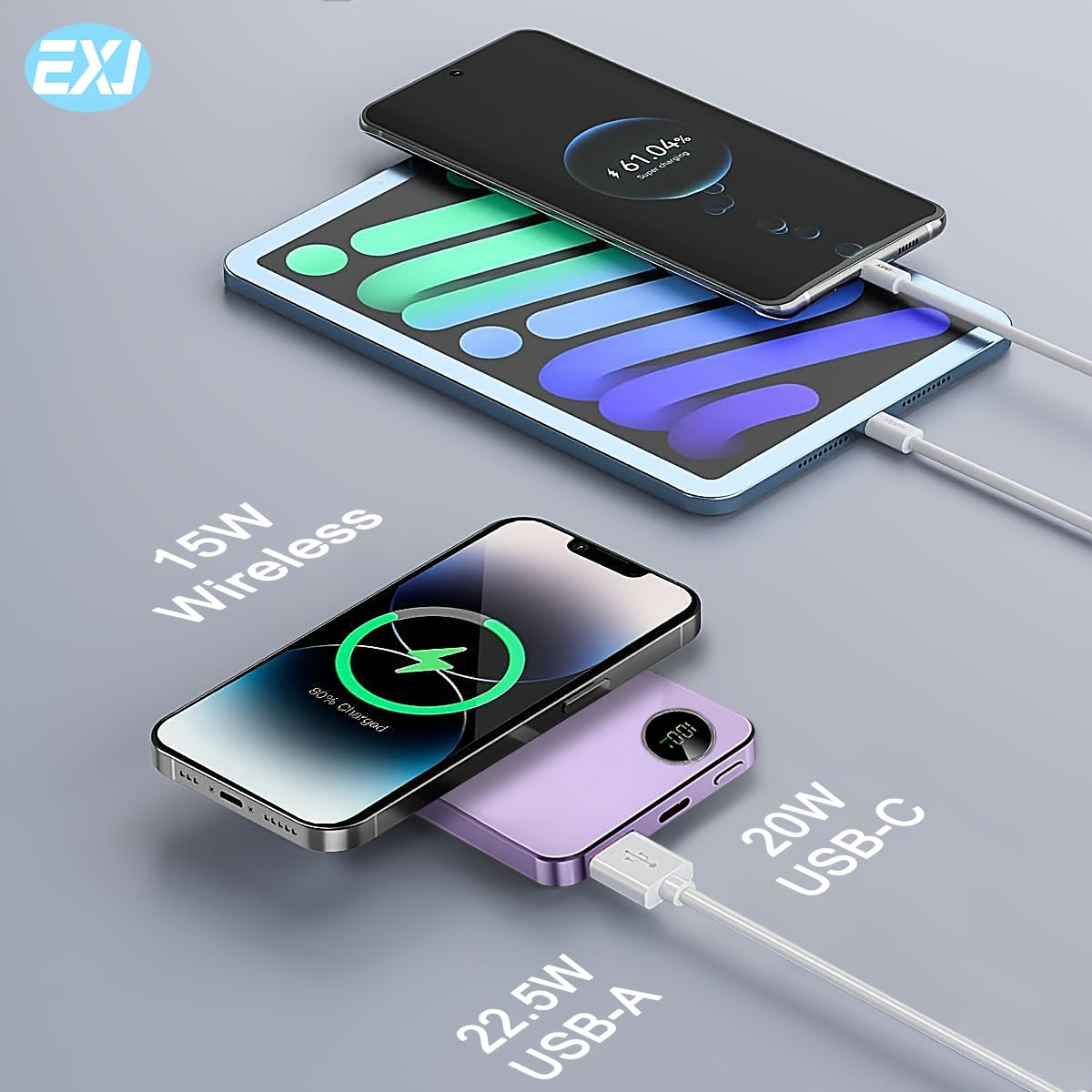 EXJ-PD 22.5W Magnetic Power Bank with USB-C cable, LED display, Mag-Safe, and PD fast charging for iPhone 16/15/14/13/12 models.