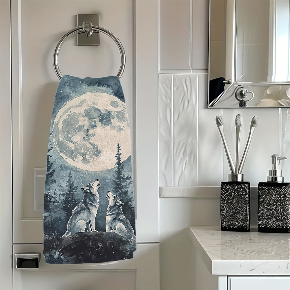 Add a touch of wilderness charm to your kitchen with these 2pcs Ultra Soft Kitchen Towels featuring a majestic wolves howling at a full moon night scene in watercolor style. These towels are highly absorbent and machine washable, measuring 40.64x60.96