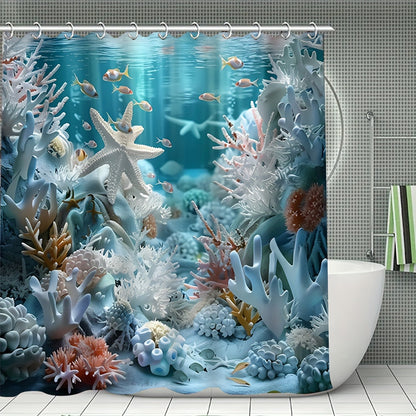 Ocean style shower curtain set with shell and starfish print, includes waterproof curtain, non-slip floor mat, toilet seat cover, bathroom mat, 12 plastic hooks for home decoration.