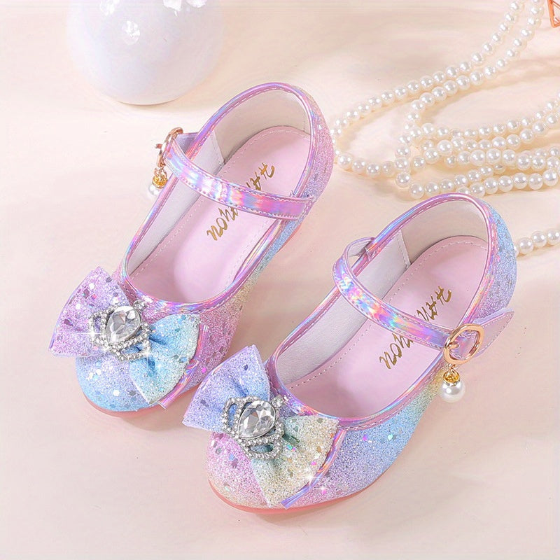 Girls' Sparkly Rainbow Princess High Heels with Pearl & Rhinestone Embellishments, Non-Slip Sole, Hook-and-loop Closure - Ideal for Performances & Parties