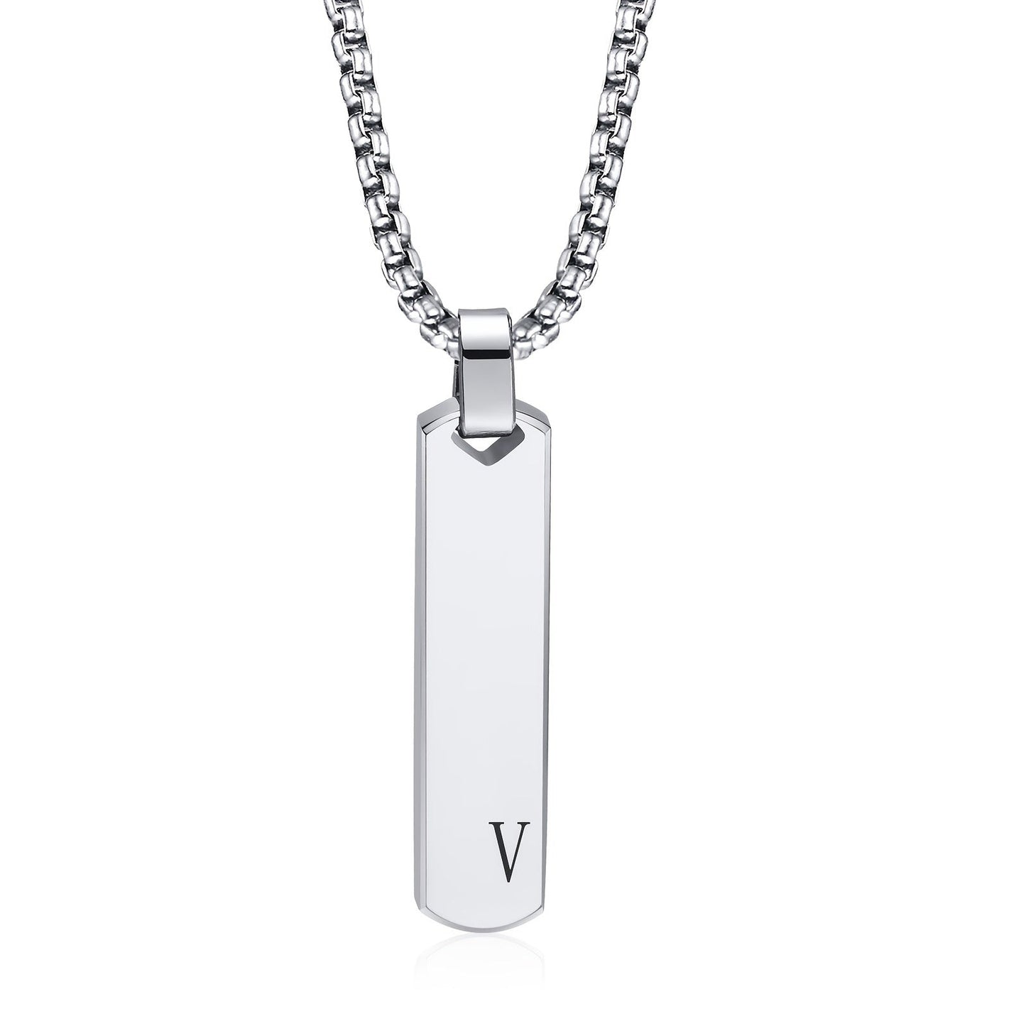 Letter necklace pendant made of stainless steel with laser engraving featuring all 26 letters, the pendant has a high polished three-dimensional rectangular design, and is a trendy fashion accessory for men crafted from titanium steel.