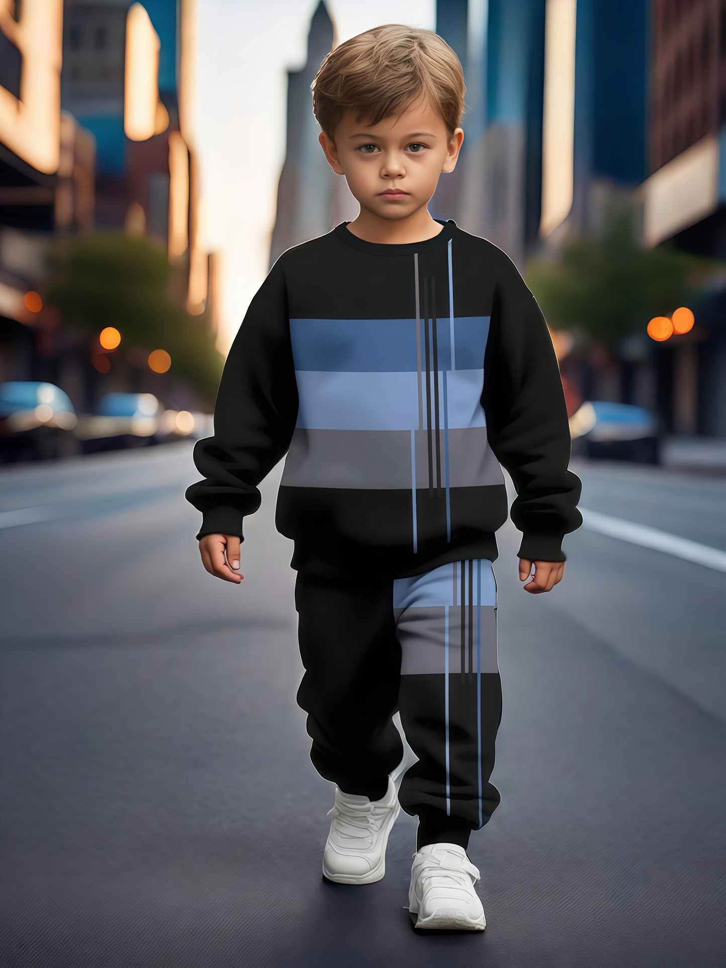 Boys' 2-piece sports suit with striped sweatshirt and joggers. Comfortable fabric, ribbed hem, perfect for outdoor activities in spring and autumn.