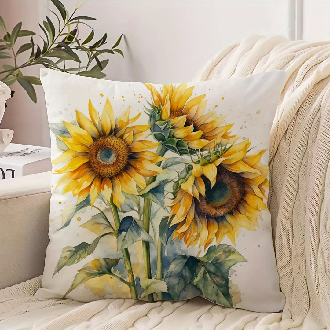 Retro Country Home Decor Sunflower Print Cushion Cover - Soft Polyester Square Pillowcase for Sofa & Bedroom, 45.72x45.72cm