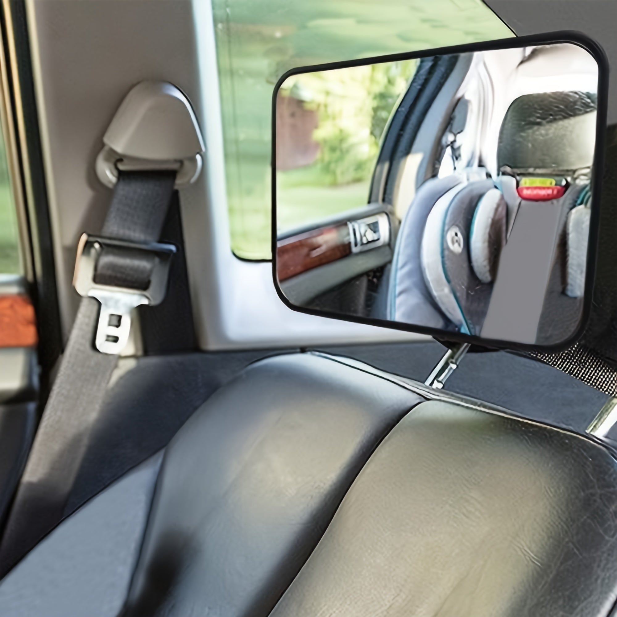 Fully assembled shatterproof 1 piece safety mirror for rear-facing car seats, providing a wide crystal-clear view.