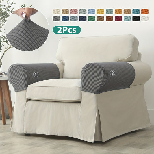 Stretch sofa arm covers made of 5% spandex and 95% polyester blend. Machine washable with snug fit for home and hotel use. Available in multiple colors. Ideal for hotel sofa accessories.