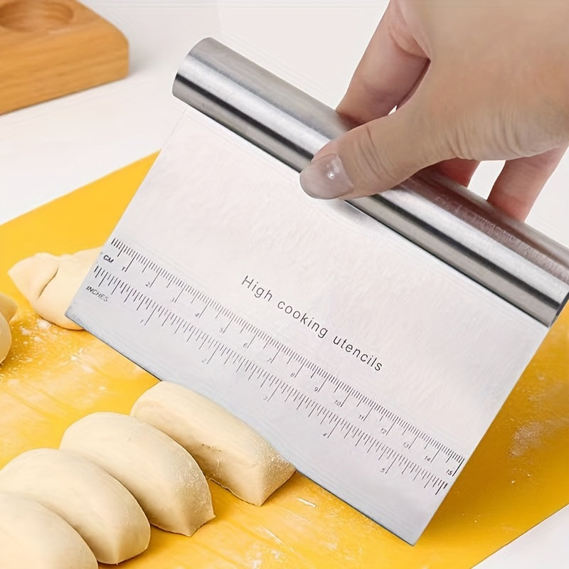 The versatile Stainless Steel Dough Cutter & Pastry Scraper is a must-have baking tool for achieving flawless edges. This food-safe kitchen gadget can be used as a dough scraper, cake smoother, and flour knife for all your baking needs.