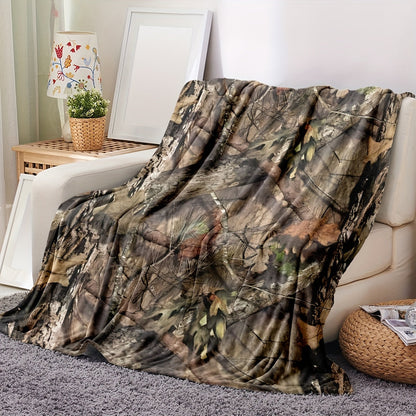 Ultra-clear digital print flannel hunting camouflage forest blanket, incredibly cozy and snug, perfect for outdoor adventures, traveling, staying cool indoors, or catching a quick nap.