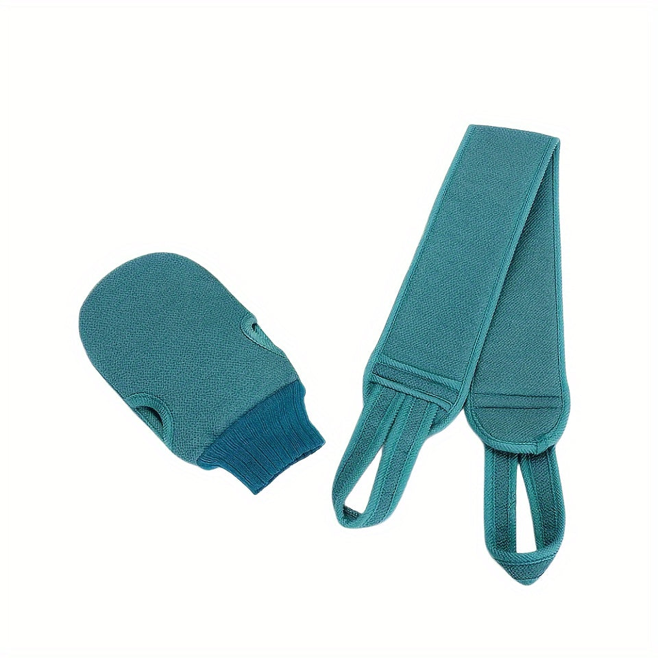 2-piece bathing set includes a bath towel, back scratcher, and scrubbing gloves.