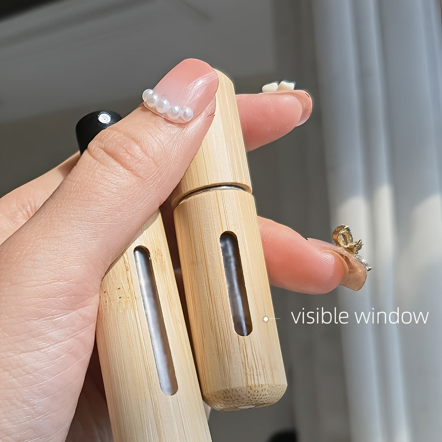 Set of bamboo shell perfume atomizers, refillable spray bottles in 5ml & 8ml sizes. Portable and luxurious fragrance dispensers with visible window, ideal for travel and outdoors.