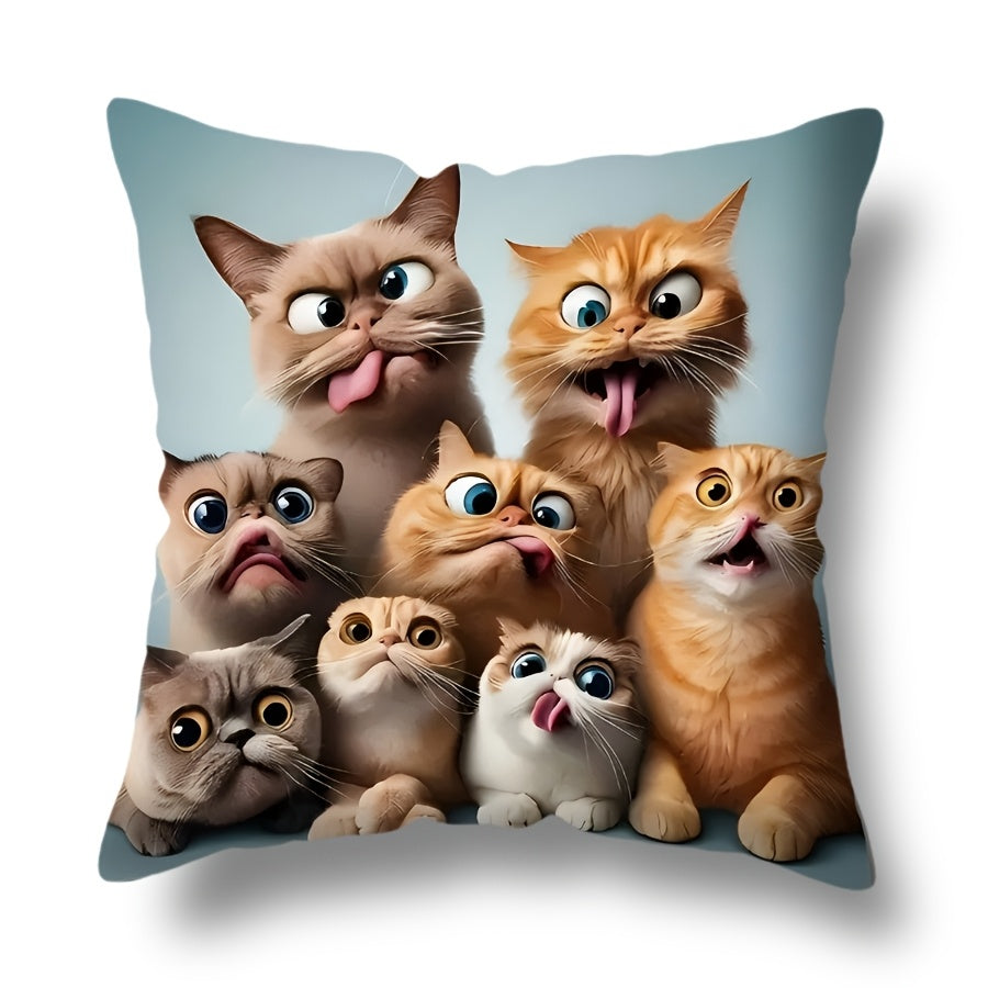 One-piece Glam Style Funny Cats Pillowcase, measuring 44.96cm x 44.96cm. Made of machine washable polyester fiber with a zipper closure. Features a woven decorative cushion cover for use on sofa, couch, or car. Single-side print, insert not included.