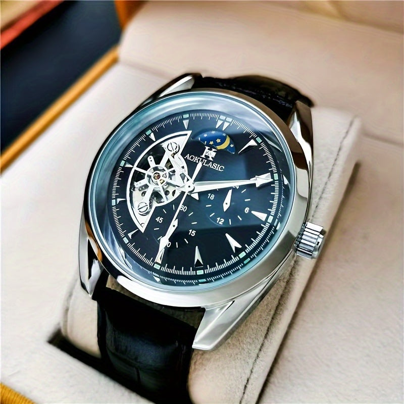 AOKULASIC Men's automatic mechanical watch featuring semi-hollow ball design with moon phase pointer.