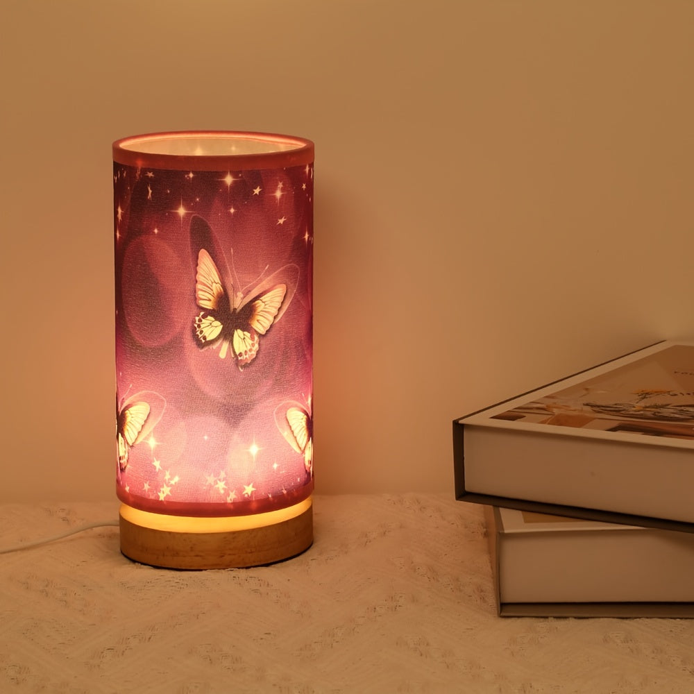 Purple butterfly table lamp with wood base - ideal for bedside or room decor.