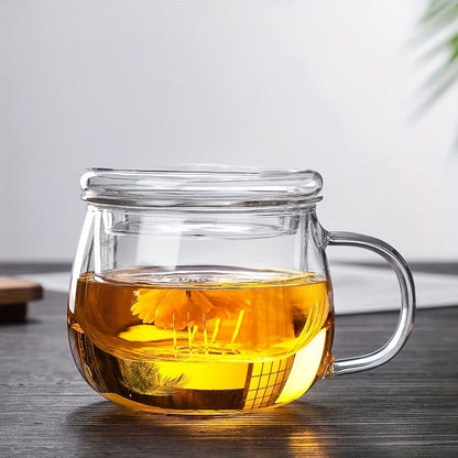 Glass tea cup with infuser, lid, and strainer, holds 380ml/12.85oz. Suitable for various drinks like lemon juice, water, tea, coffee, and fruit juice, perfect for all seasons.