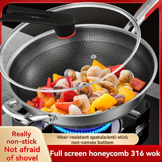 Stainless Steel Wok with Glass Lid and Honeycomb Non-Stick Coating - Features Full Screen Anti-Scratch Vertical Pot Cover, Dual Anti-Stick Shovels, and Scratch-Resistant Design - Perfect for Gas and Induction Cooktops