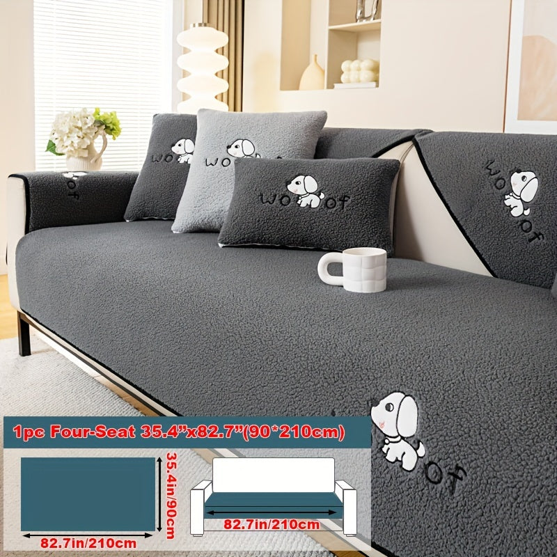 Soft Sherpa sofa cover, pet-friendly, non-slip, machine washable.