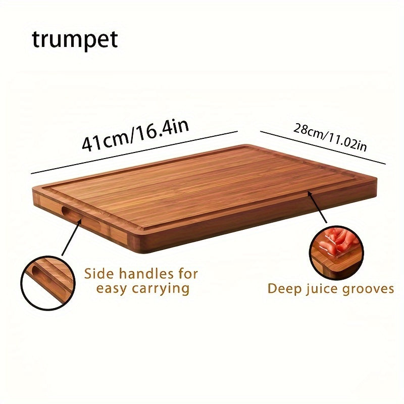 This spacious bamboo charcuterie board features convenient side handles and ample juice grooves, making it ideal for serving meats, cheeses, and deli items in the kitchen.