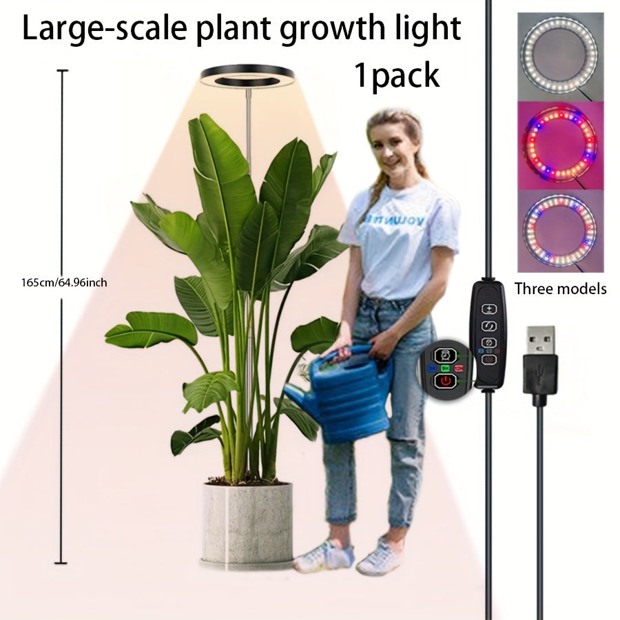 Adjustable USB-powered LED indoor plant growth lamp with automatic timer (3/9/12H settings) and adjustable height of 165.0 cm.