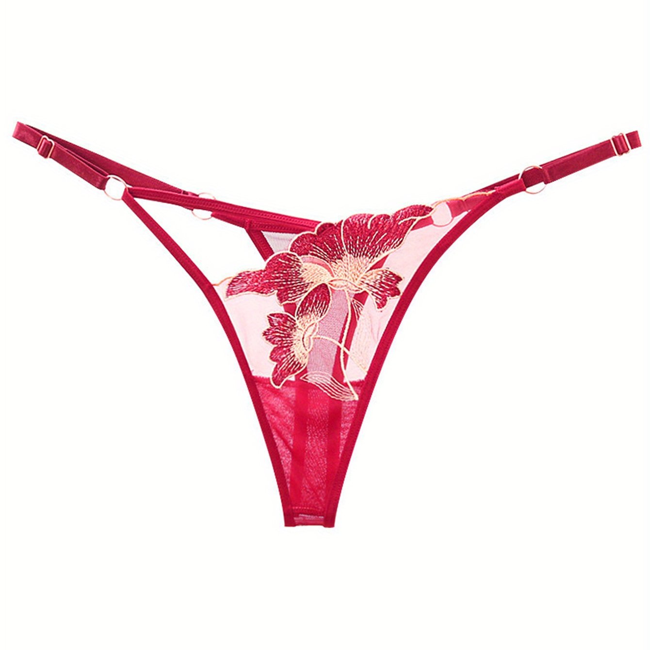 Sexy lingerie and underwear for women, including floral embroidered thongs and seamless mesh panties.