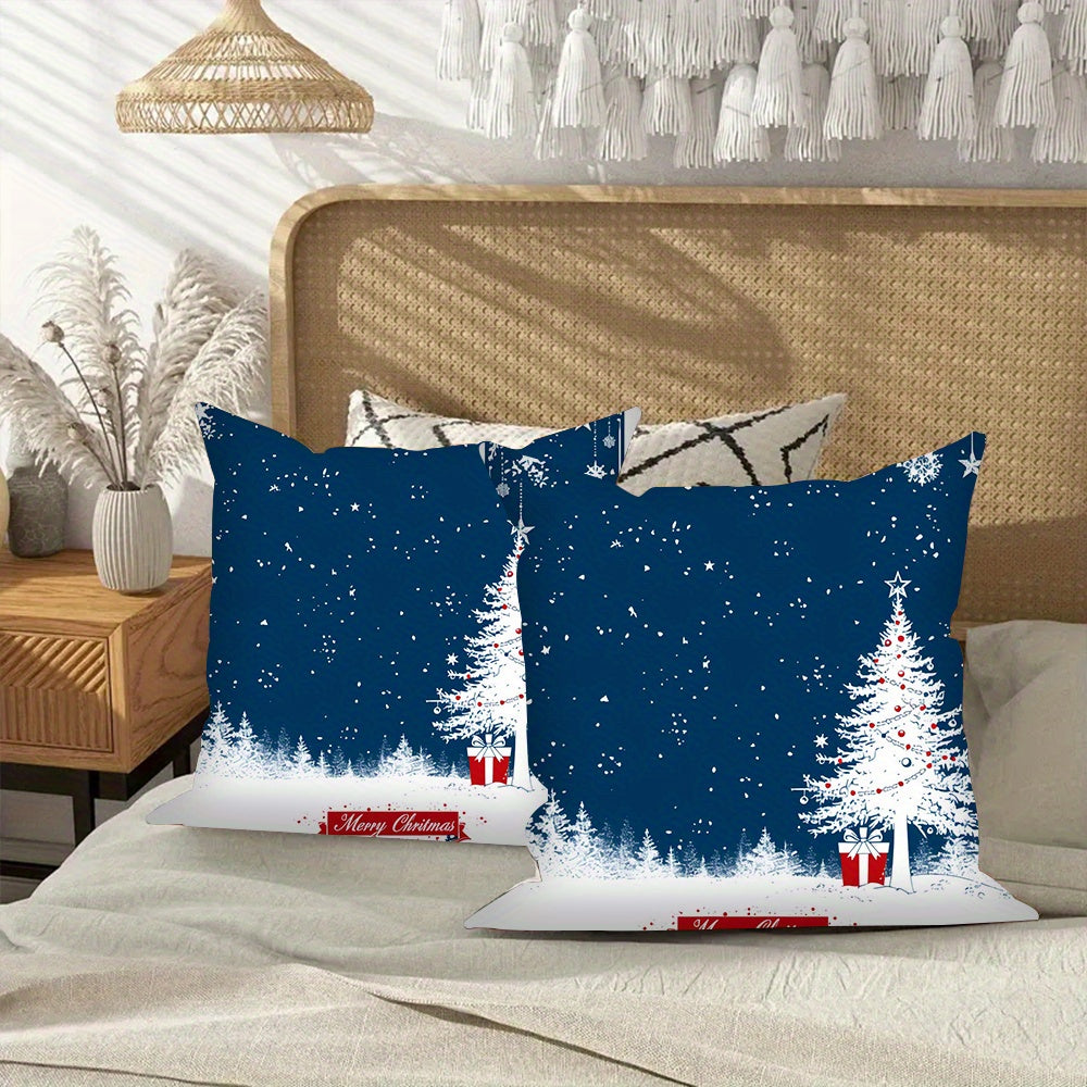 Two pieces of Blue Merry Christmas throw pillow covers, measuring 45.72x45.72 cm each. Made of soft polyester fabric, these square cushion cases are suitable for the living room, bedroom, or car. Pillow cores are not included, and the covers are machine