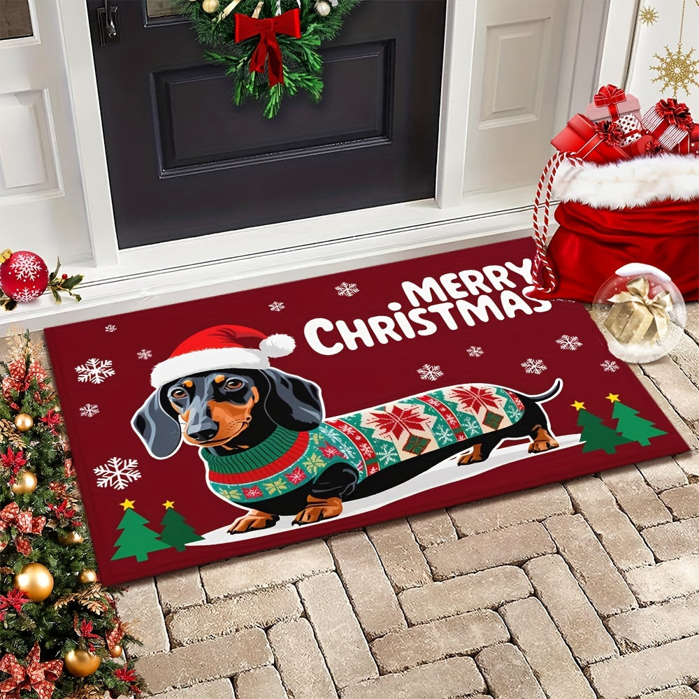 Welcoming Christmas Dachshund Doormat - Non-Slip, Easy-Clean Polyester Mat with Rubber Backing, Lightweight & Durable, Braided Rectangle Floor Mat for Home, Bathroom, Balcony - Festive Dog in Santa Hat for Holiday Decor