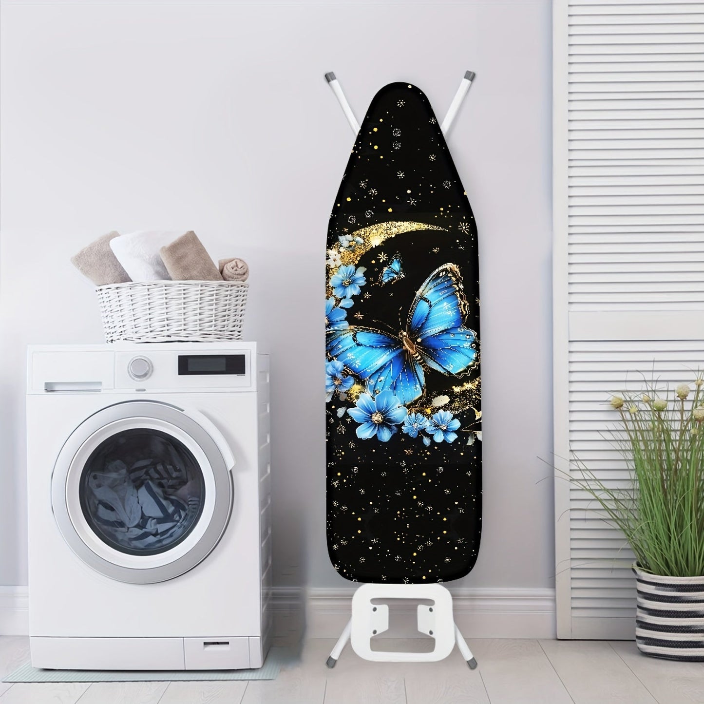 One Piece Elastic Edge Ironing Board Cover featuring a Moonlight Blue Butterfly Print. Made with Stretch Fabric for a perfect fit and easy installation. Protects your ironing board from dust.