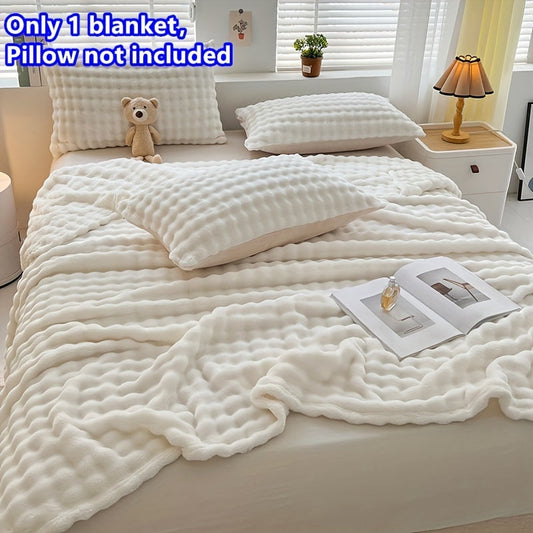 Soft Bubble Fleece Blanket - 1 piece, All-Season, Contemporary Style, Machine Washable, Solid White Color, Made of Polyester, Knitted, Water Washed, 200-250gsm Weight, Versatile for Bed, Sofa, Bedroom, Travel, and Camping Use