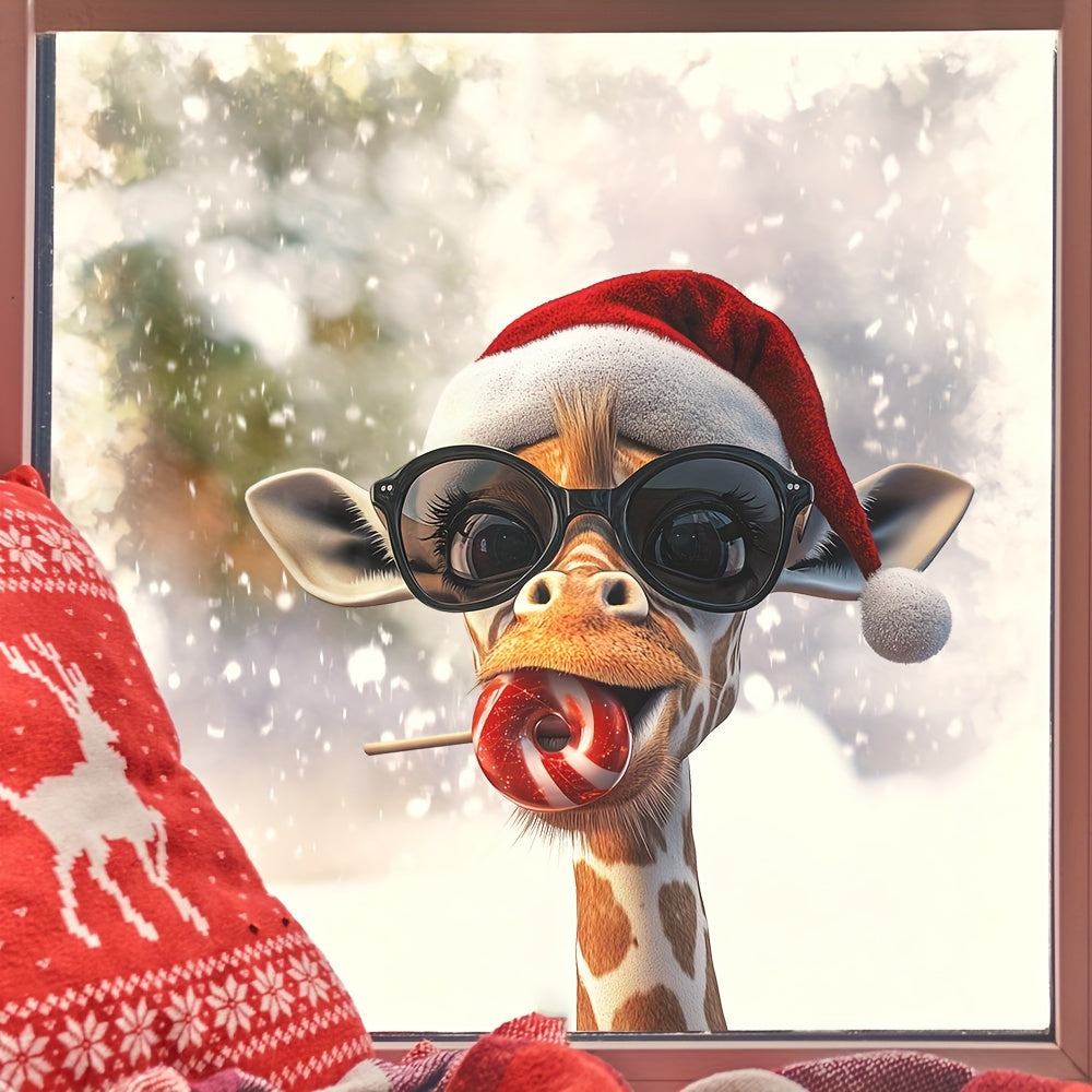 Giraffe wearing a hat and sunglasses Christmas window stickers, candy and deco art decals for Christmas party decorations in the home.