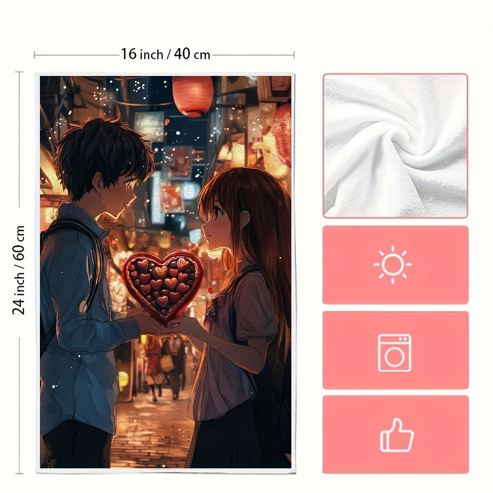 This set includes 2 ultra-soft kitchen towels with a charming design of an anime boy presenting a heart-shaped box of chocolates to a shy girl. These highly absorbent dish towels are ideal for holiday decor, easy to clean in the washing machine, and