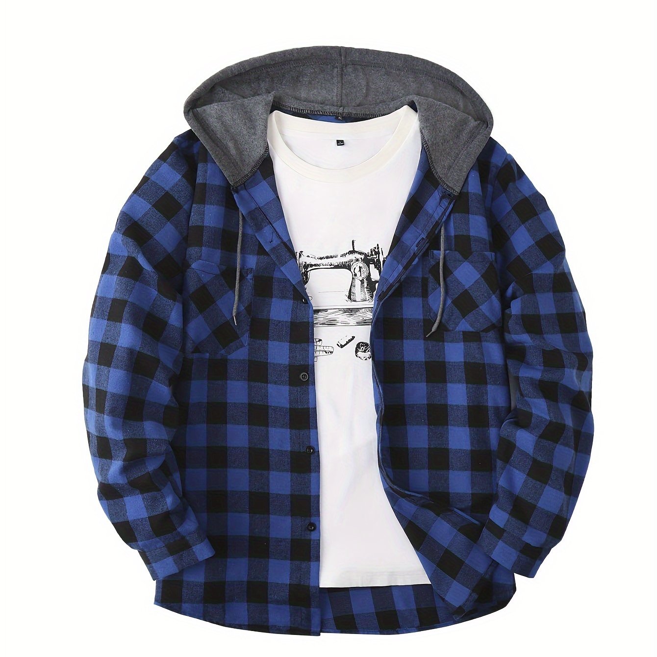 Men's plaid hooded shirt jacket with long sleeves and a regular fit.