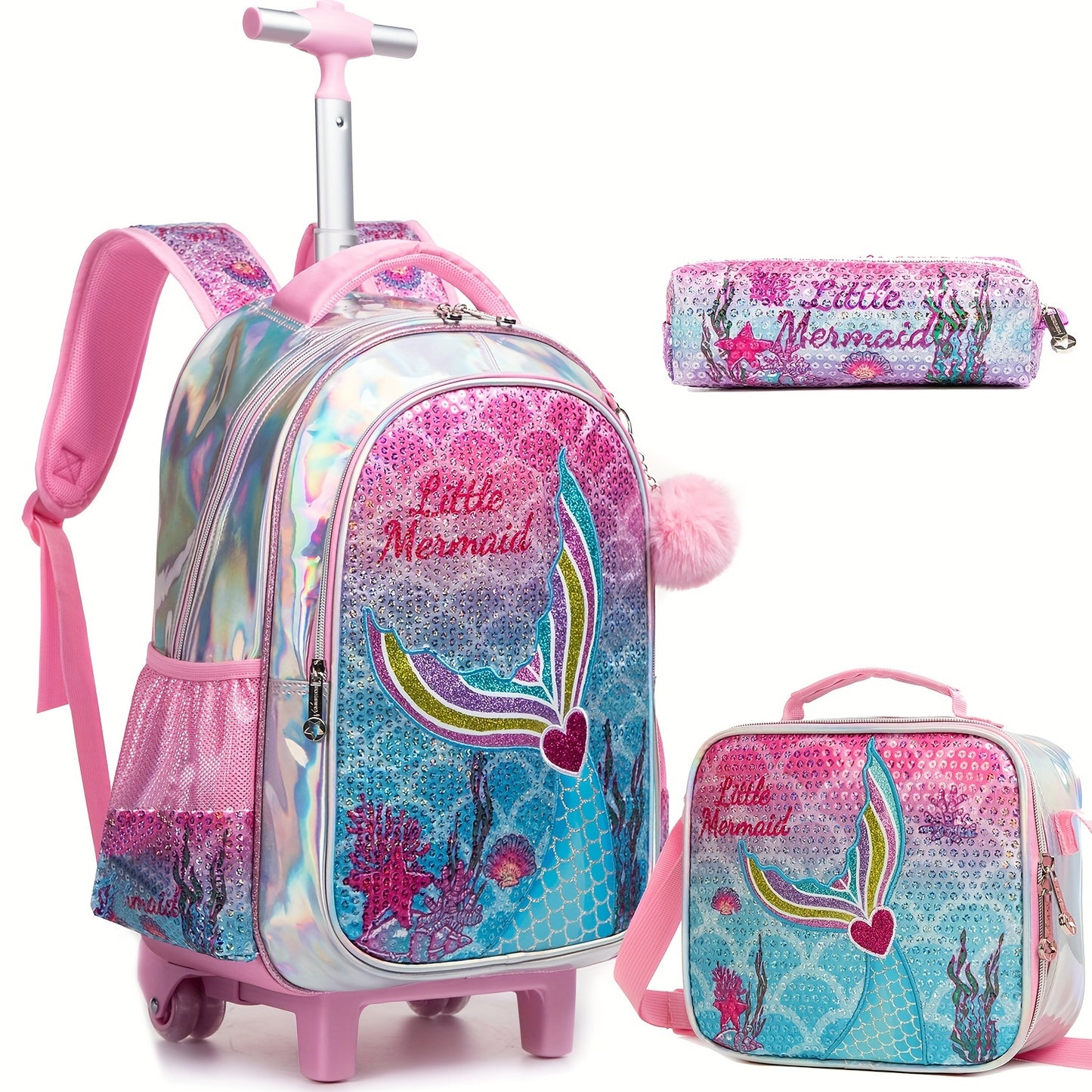 Mermaid rolling backpack with lunch box for elementary school students.