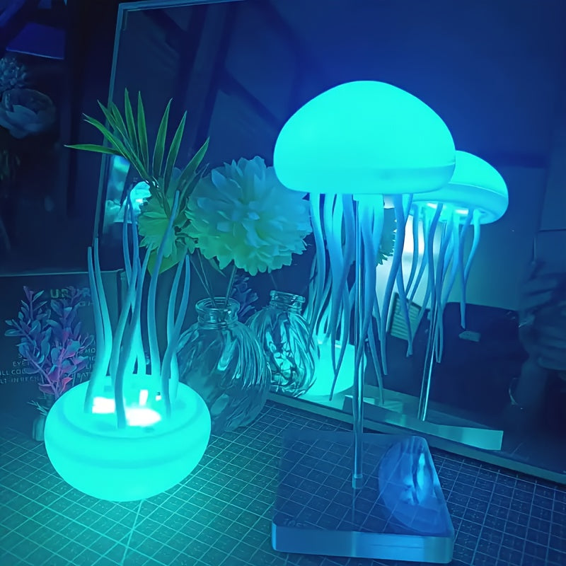 Jellyfish-shaped night light with color-changing, voice control, rotatable design. USB rechargeable with LED lights. Suitable for various uses, including office, bedroom, camping, outdoors.