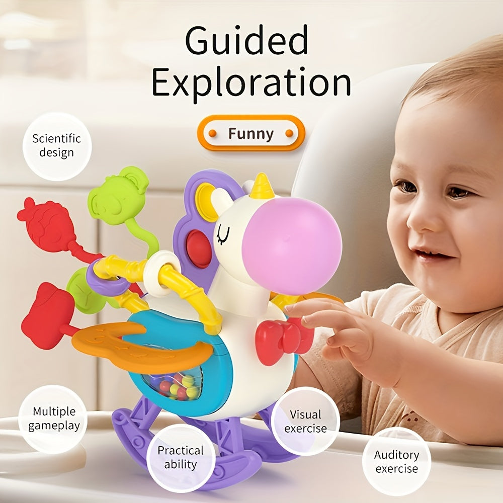 Unicorn-themed sensory toys designed for toddlers, featuring silicone pull-string activities for educational play and teething relief. Perfect birthday gifts for boys and girls ages 6, 9, 12, and 18 months.